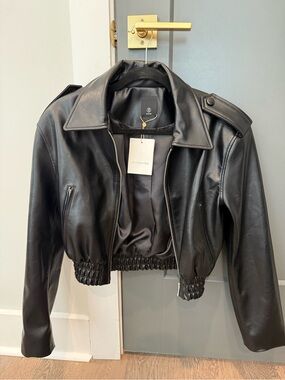 The Frankie Shop Black Cropped Moto Leather Jacket